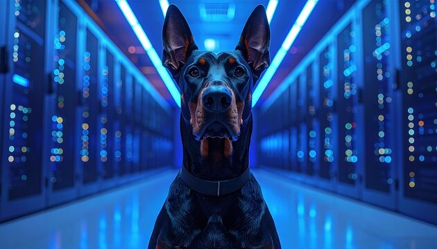 Cybersecurity protection symbolized by guard dog in server room representing data defense artificial intelligence and system reliability concept
