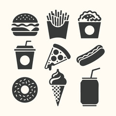 Collection of fast food icons including a burger, fries, soda, pizza, hot dog, donut, ice cream, and popcorn