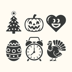Collection of holiday icons including christmas tree, halloween pumpkin, heart, easter egg, alarm clock, and thanksgiving turkey