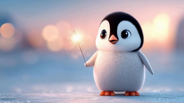 Cute animated penguin holding a sparkler on snowy background  