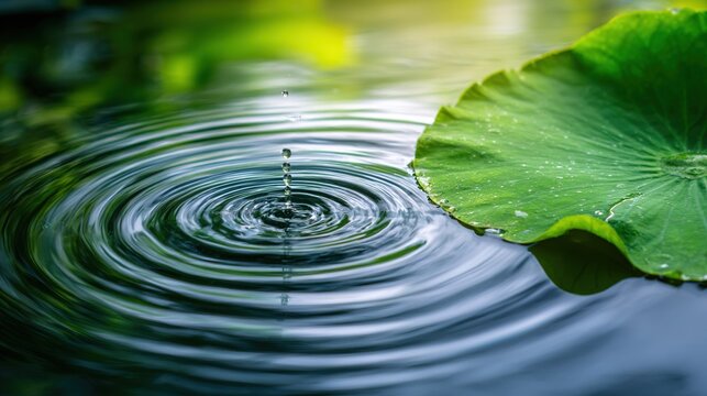 expansion. A single raindrop creating ripples on a calm lake surface near a water lily. ESG reports, sustainability campaigns, designed for sustainability communications and ESG reporting.