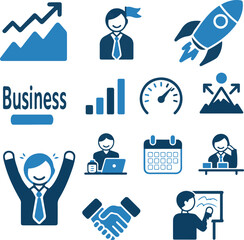 Business solid icons set with growth chart, teamwork, rocket, handshake, calendar, and office worker illustrations. Flat blue business development and corporate success vector symbols.
