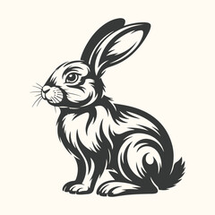 Stylized black and white illustration of a rabbit sitting on a plain background