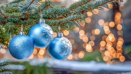 Sparkling blue ornaments hanging from a green pine tree branch with warm golden lights glowing softly in the background during a festive winter evening