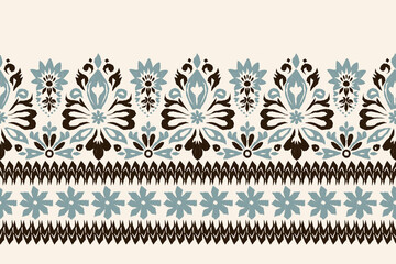 Ethnic floral border seamless pattern featuring traditional motifs in soft blue and brown tones on a beige background. Perfect for textile prints, home decor, wallpaper, fashion design, and wrapping