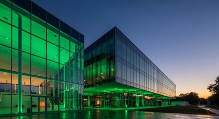 Illuminated modern architecture with green lights reflecting on wet ground surface