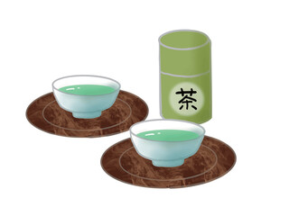 Illustration of two cups of green tea and a tea caddy