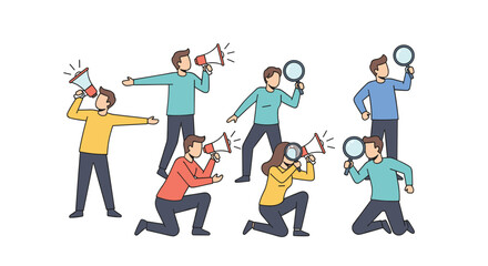 Dynamic team uses megaphones and magnifying glasses for creative collaboration and focused research in modern business