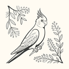 Line art illustration of a cockatiel perched on a branch surrounded by delicate foliage, a charming avian portrait