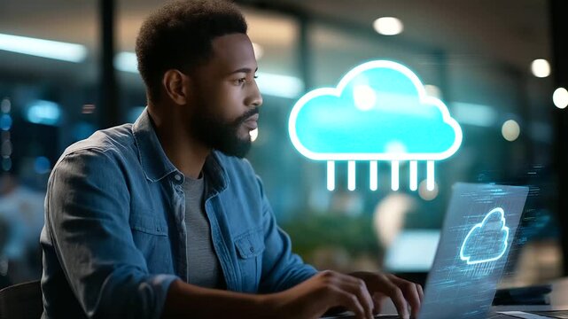 An African American coder immerses in software development typing on a laptop a futuristic interface with cloud computing visuals his desk with a model server AI software - Powered by Adobe