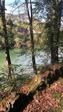 View of Beautiful Brembo River from a Mountain Path in the Italian Alps during a Sunny Summer Day. Hiking in the Bergamo Province, Italy