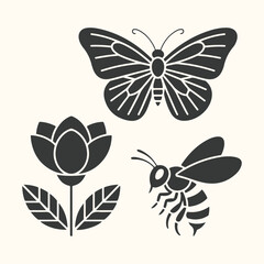 Black silhouette of a butterfly, a bee, and a flower with leaves on a cream background