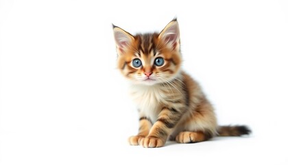 Obraz premium A fluffy tabby kitten sits alone on a white background, looking directly at the camera, pet photography, white background
