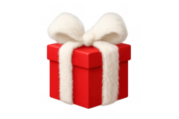 Red gift box with fluffy white bow presenting holiday surprise and celebration, transparent background