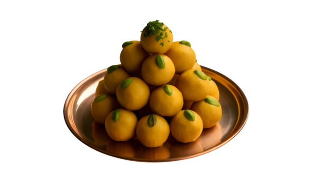 Delight in the richness of Motichoor Ladoo, traditional Indian sweets arranged pyramid-style on a copper plate, perfect for festive celebrations and cultural events - Powered by Adobe