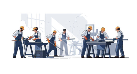 Skilled artisans meticulously crafting metal components in a bright, collaborative workshop environment, showcasing teamwork and precision