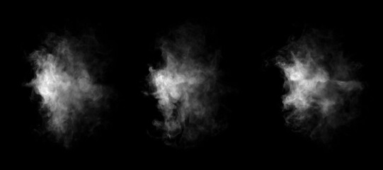 White smoke or mist cloud isolated on black background, realistic fog texture effect for photo editing, design overlay, or Halloween theme. Ideal for vapor, steam, or ghostly atmosphere visuals.