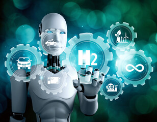 AI robot interacting with a holographic interface showing hydrogen H2 fuel technology for sustainable energy and transportation.