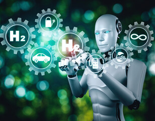 AI robot managing clean hydrogen energy through a futuristic interface, symbolizing innovation in sustainable fuel and transportation.