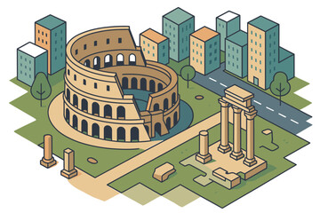 Naklejka premium Isometric urban rome scene with colosseum and ancient ruins