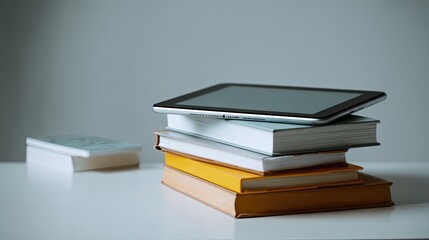Modern Workspace with Tablet and Stacked Books on Minimalist Desk for Productivity and Learning