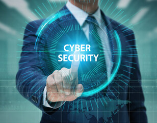Businessman in a suit touching a futuristic digital interface with the words cyber security.