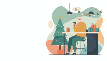 Senior man texting by the Christmas tree and gifts Modern holiday lifestyle illustration