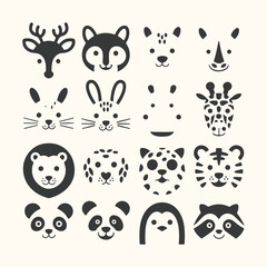 Collection of cute cartoon animal faces in a grid, isolated on a light background