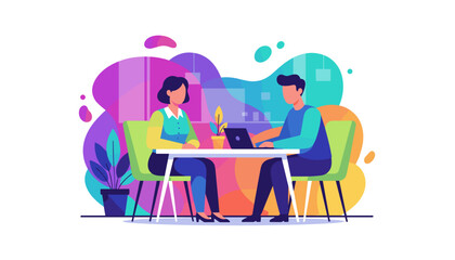 Business professionals meeting Man works on laptop woman listens Consultation or interview