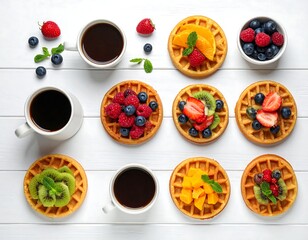 Overhead shot of breakfast waffles, coffee, and fresh berries