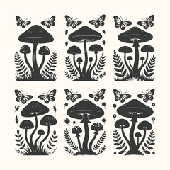 A collection of six black mushroom and butterfly illustrations on a cream background