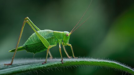 Fototapeta premium Close-Up of a Vibrant Green Grasshopper on a Leaf with Blurred Green Background for Nature Photography