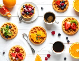 Overhead shot of breakfast waffles, fruit, coffee on white planks