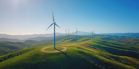 A serene landscape of rolling green hills with a wind turbine in the distance, under a clear blue sky with a few scattered clouds.