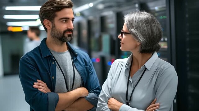Cheerful data center coworkers implement AI predictive maintenance systems screens showing hardware diagnostics server racks glowing a collaborative vibe AI predictive