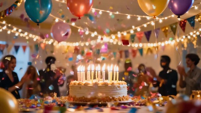 バースデーケーキ と 紙吹雪 が 舞う 華やか な 誕生日 パーティー