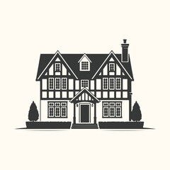 Tudor style house illustration, black and white