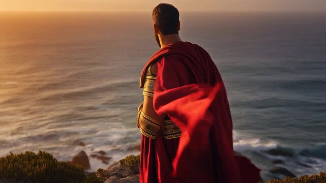 夕日 の 中 で 海 を 見つめる 赤い マント の 英雄的 な 戦士 の イメージ