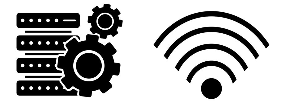 Data management and WiFi vector set: server racks with gears and wireless connection icon, ideal for networking and IT concepts