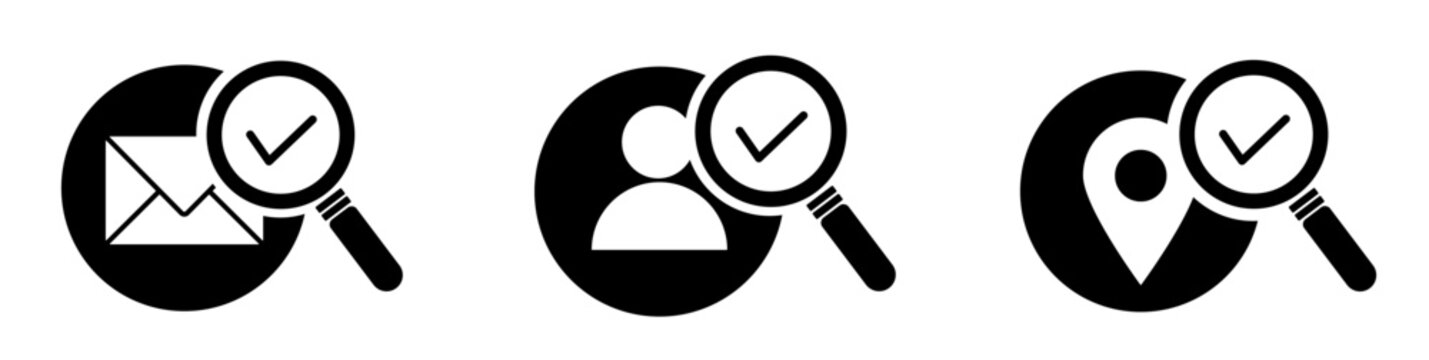Verification vector icon set: mail, user, and location symbols with magnifying glass and check mark, symbolizing validation and confirmed data