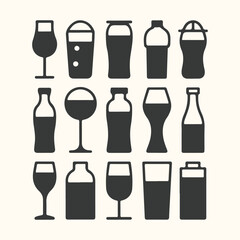 Collection of various drink containers and glasses, isolated on a light background