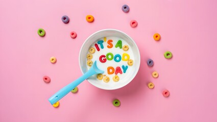 Colorful Cereal Spelling "It's a Good Day" in Milk Bowl