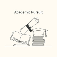 Academic pursuit symbols including a graduation cap, diploma, books, and pen