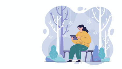 Woman suffers eye strain and frustration using a tablet outdoors in a cold snowy winter setting