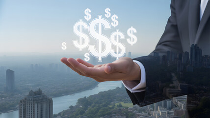 Visualize your financial success with a powerful image of a businessperson holding money symbols over a thriving city landscape for growth concepts