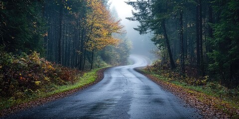 Fototapeta premium A wet, winding road through a forest with autumn leaves, surrounded by trees and a misty sky, with a single car driving down the road.