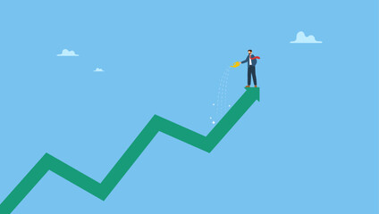 Businessman pouring water with care to grow company growth arrow. Grow business increase profit, growth investment or prosperity, wealth growing or accumulate, asset price rising up.
