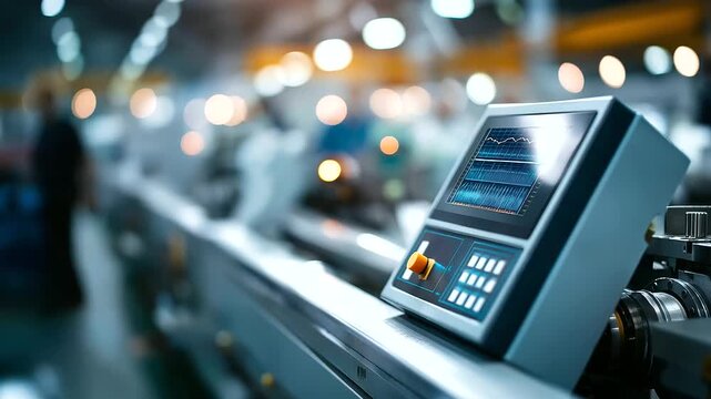 A monitor in an automated photovoltaics factory runs a smart factory system displaying IoT sensor data for solar panel production predictive maintenance alerts flashing machiner