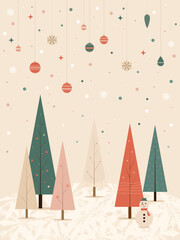 Whimsical mid-century Christmas vector winter forest scene with snowman, festive ornaments and soft falling snow, cozy warm muted retro colors, nostalgic flat illustration for seasonal cards and decor
