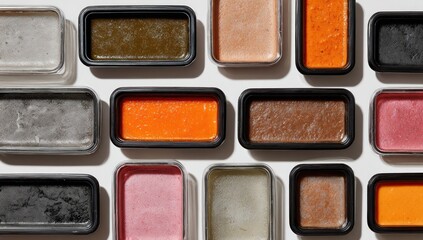 Fototapeta premium Assortment of Colorful Food Samples in Rectangular Containers.